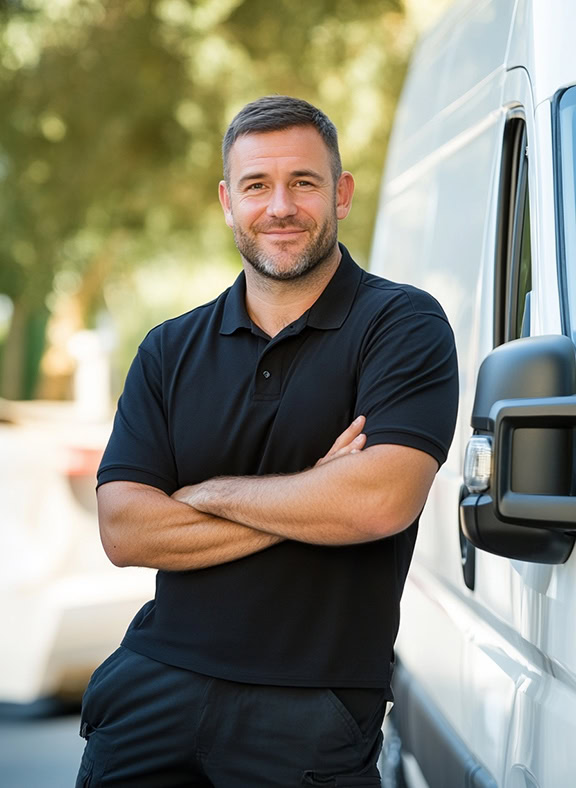 man wearing black polo shirt leaning on a white van