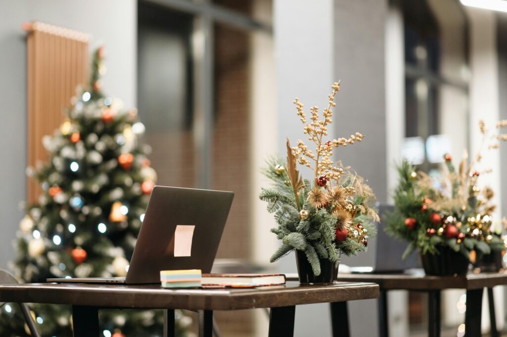 Office tables decorated for the holiday season